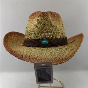 Western Brown Tan Straw Turquoise Oval Accent Band Cowboy Hat